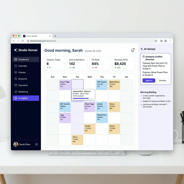 Studio Sensei dashboard showing metrics, calendar, and AI suggestions